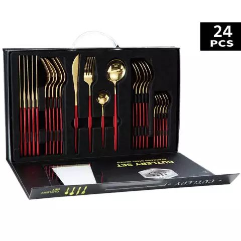 Set Of 24pcs Gold Cutlery Spoon Fork And Knife With Red Handle