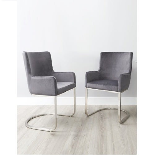 Danetti - Velvet And Brushed Steel Cantilever Dining Armchair -  Dark Grey