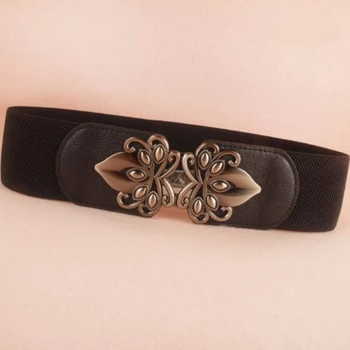 Ladies' Vintage Wide Big Resin Gem Elastic Waist Cummerbund Belt - Black