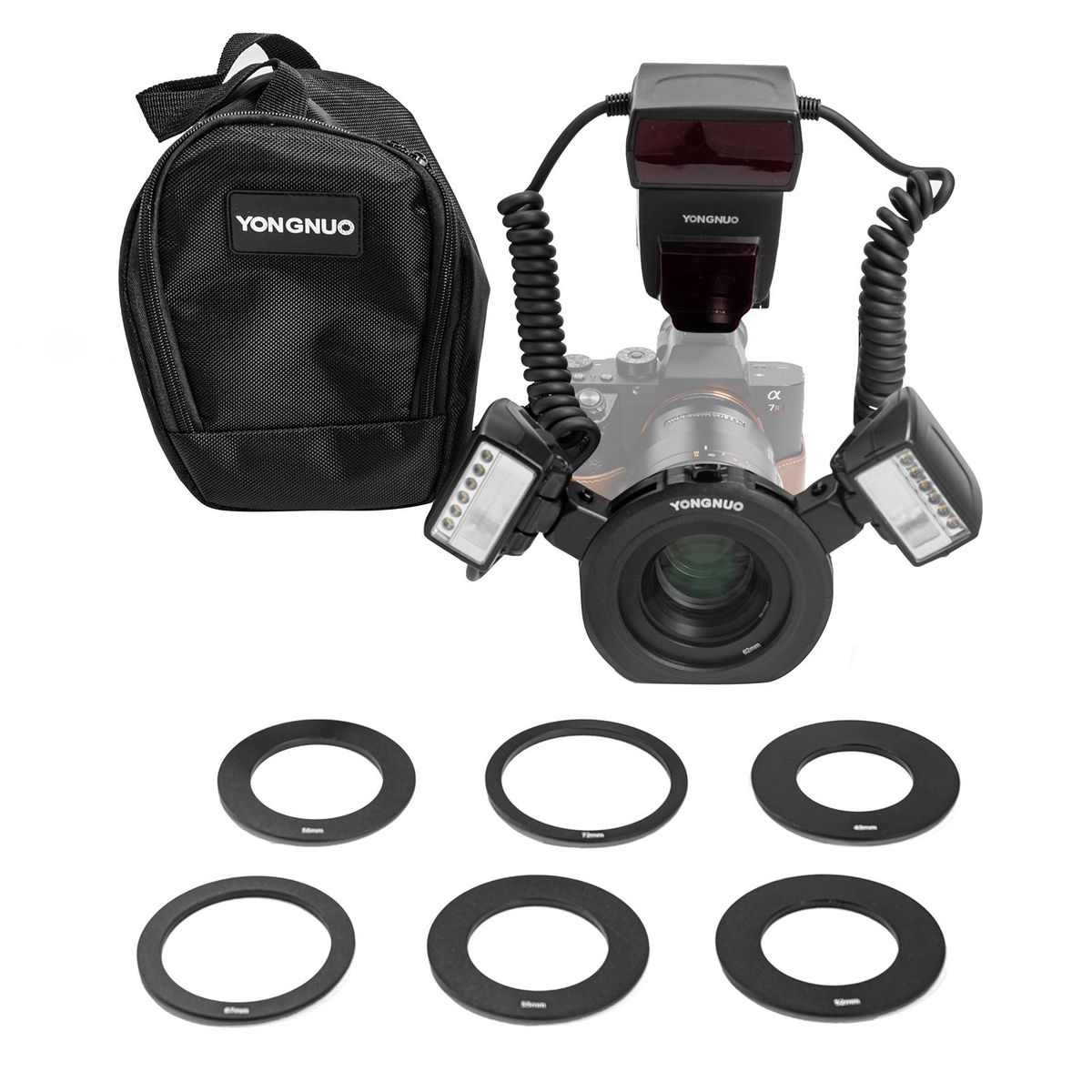 YONGNUO YN24EX Dual Head Macro Flash Camera Speedlite GN18 TTL Auto/ Manual Flash 5600K 3s Recycle Time with 7pcs Adapter Rings Replacement for Sony A7III A7IV A7R III A7S III A7C A9II A6600 A6500 A6300