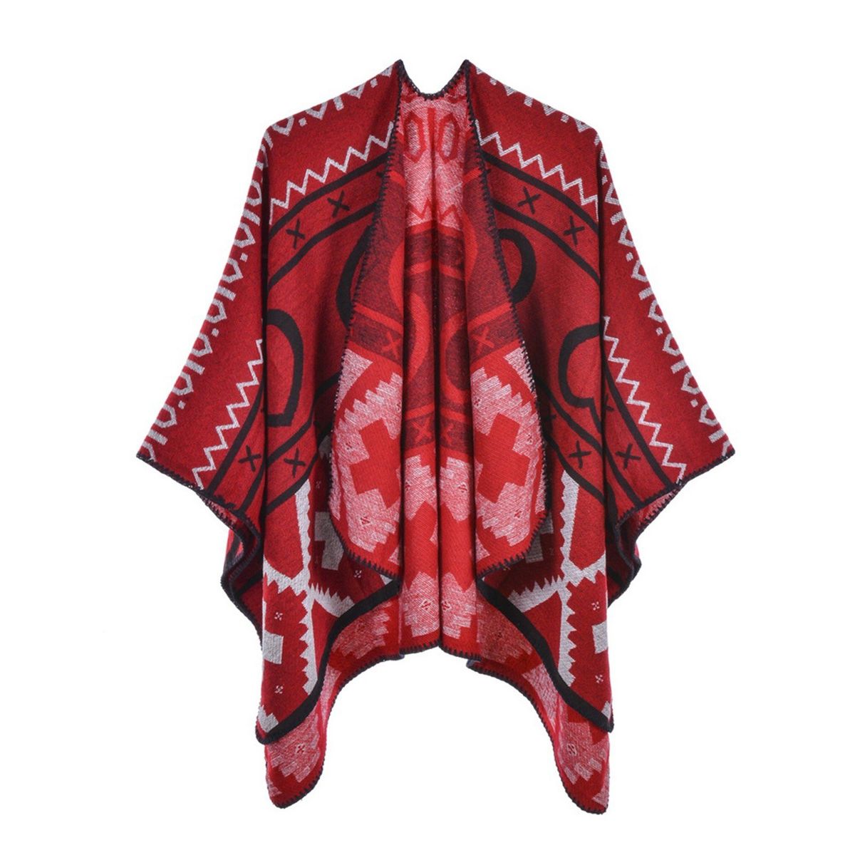 Shawl Wraps For Women Geometrical Pattern Open Front Poncho Cape Long Cardigan Sweater-red