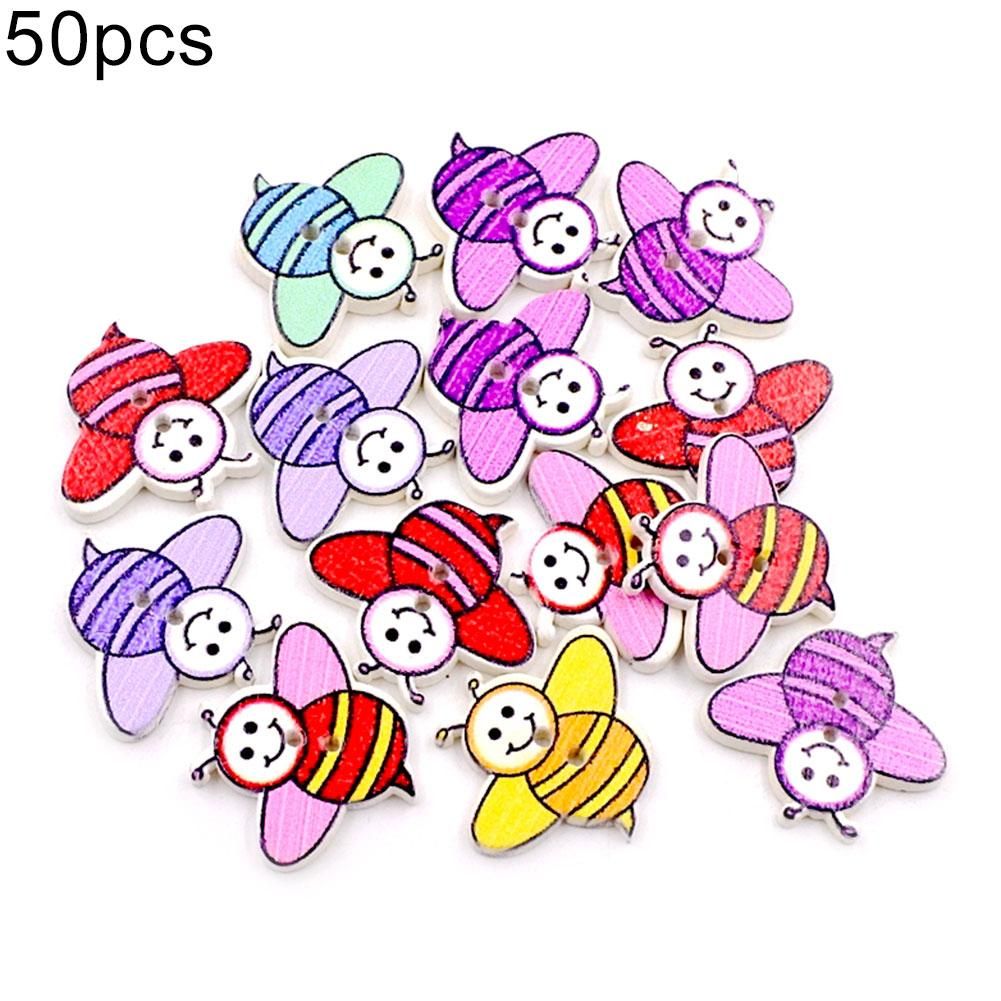 50Pcs Bee Shape Colorful Wooden Buttons 2 Holes DIY Crafts Sewing Accessories-Mix Color
