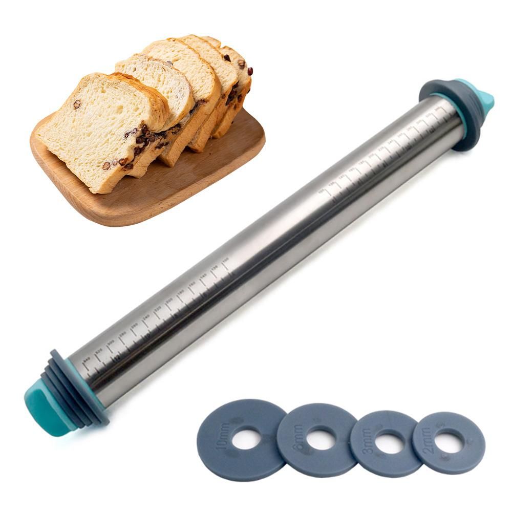 Rolling Pin for Baking Removable Ring Adjustable Stainless Steel Dough Roller for Cookies Cake Biscuit Pastry Tarts Pasta Noodle Dumpling Dough