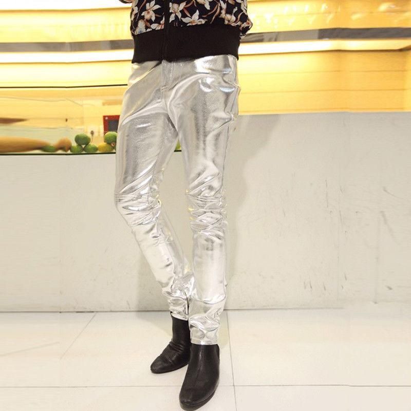 Synthetic leather tight pants for men Bright golden and silver pants for nightclub Scenario costumes for singers and new dancer