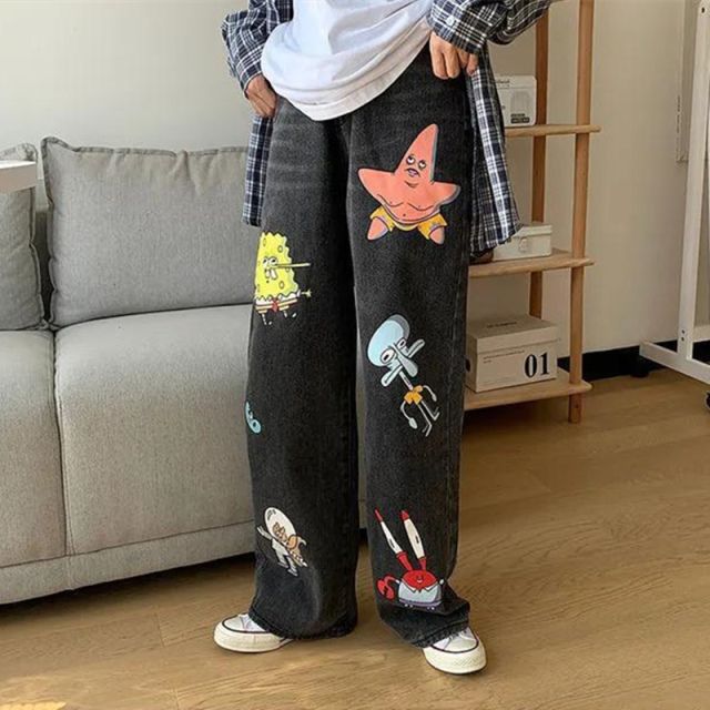 Jean Femme Baggy Jeans Pants Cartoon Print Trousers Harajuku Hip Hop Explosive