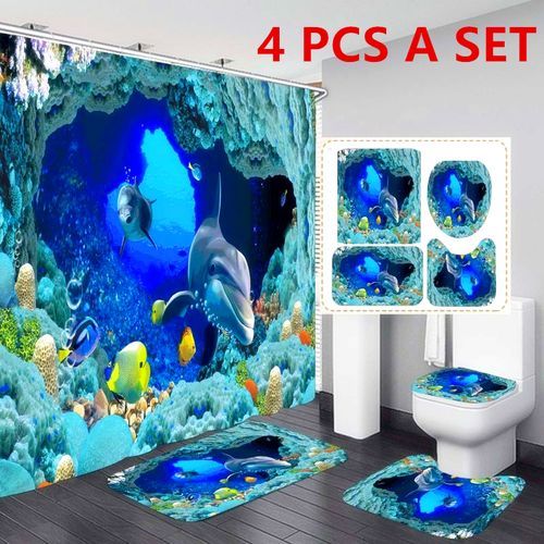 3D Waterproof Shower Curtain Rug Toilet Cover Bath Mat Set