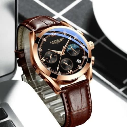 Men Leather Strap Causal Wristwatch - Brown