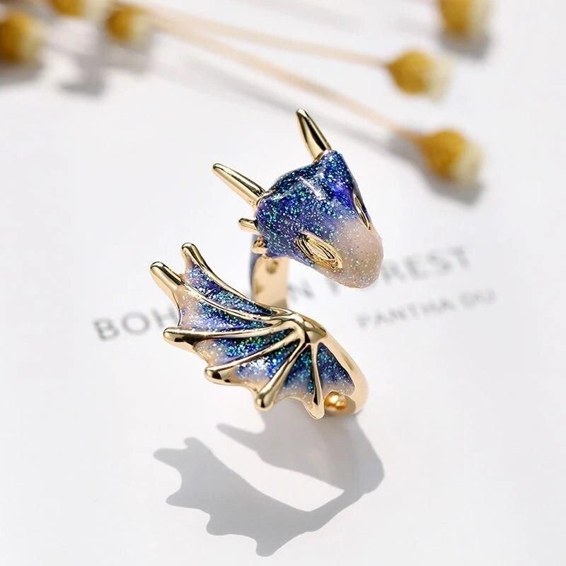 Fashion Enamel Starry Sky Blue Dragon Ring for Women Opening Adjustable Ring Couple Charm Vintage Jewelry Birthday Gift