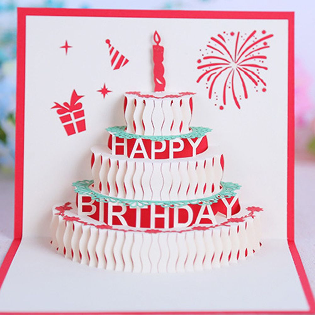 Creative Birthday Cake Candles 3D Pop Up Paper Greeting-Red