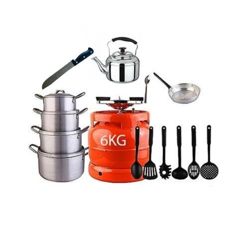 Gas Cylinder 6kg- 4 Pcs Pots- Kettle- Frying Pan- Set Non-stick Spoon Knife And Spoon
