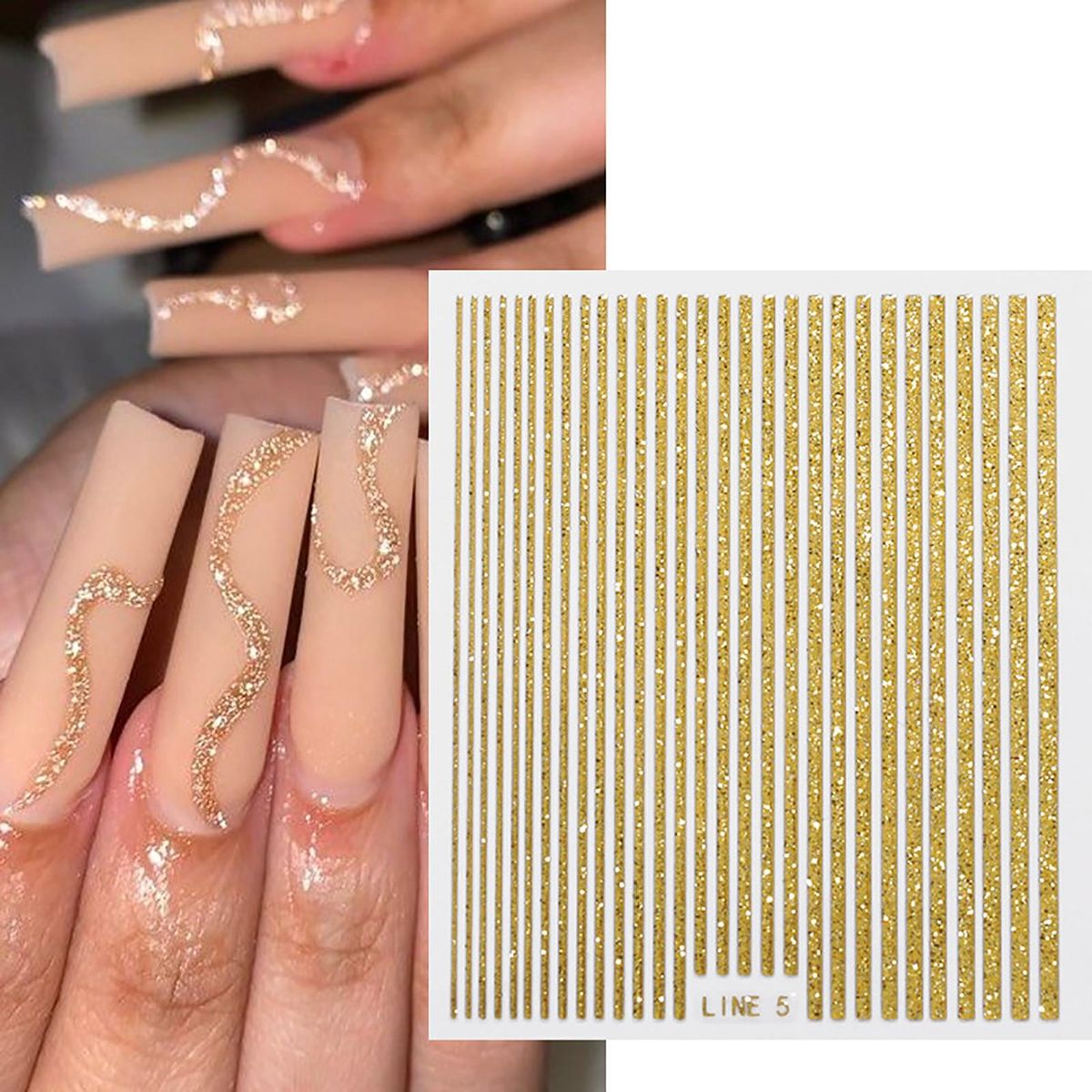 Glitter Nail Stickers Lines Nail Decals Nail Art Decorations Golden
