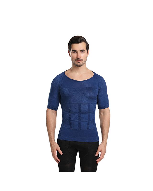 Men Slim Lift Compression Sports Vest Shirt Short Sleeve Shaper-Dark Blue