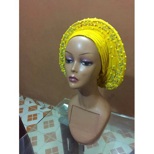 Elegant Auto Gele In Yellow With Embellishments