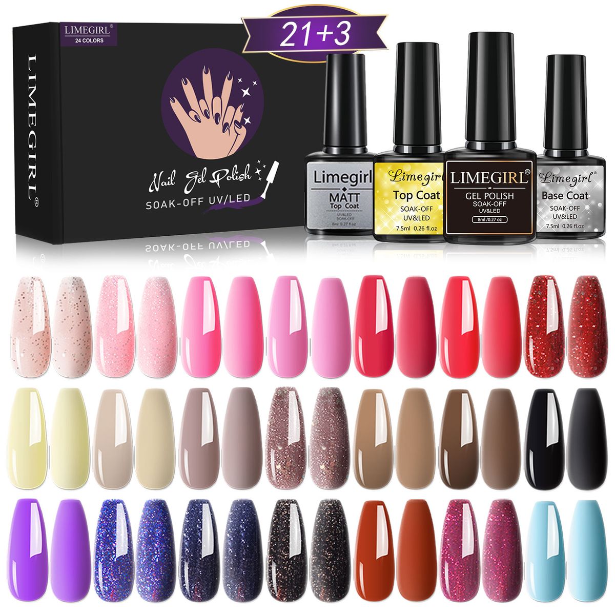21colors Soak Off Nail Varnish Set  Base Top Coat