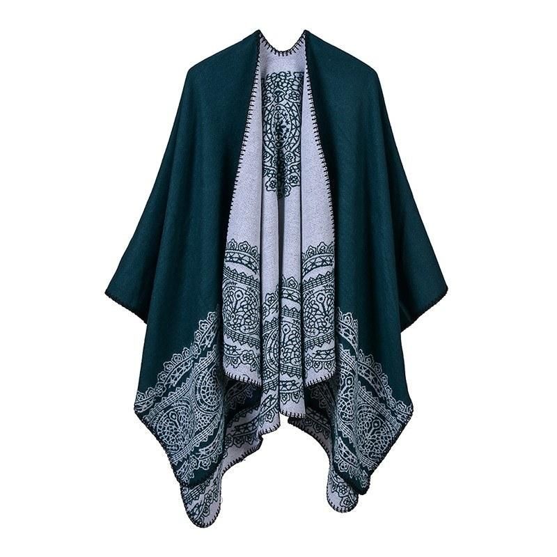 Vintage Women Poncho Cardigan Sweater Lace Patten Faux Cashmere Capes Shawl Scarf Loose Outerwear