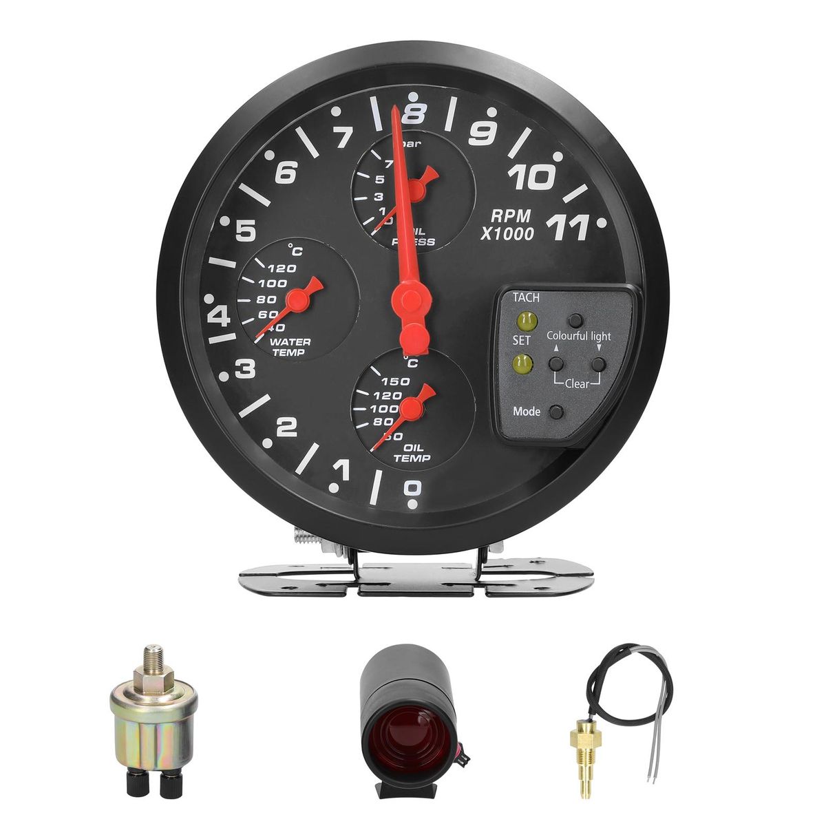 5 Inch 4 in 1 Car Multifunctional Gauge Tachometer Oil Pressure Oil Temperature Water Temperature Gauge Meter Support Alarm Function with 7 Color Backlight Adjustment