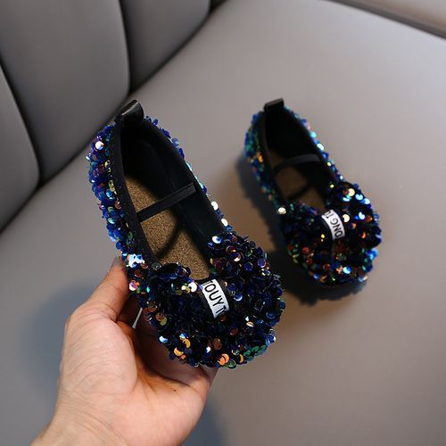 Girls' Single Leather Flat Children's Bow Sequin Soft Sole Princess Shoes Black