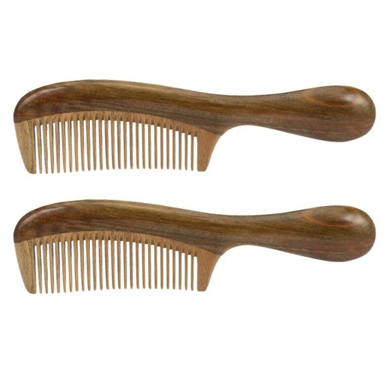 2X Handmade Natural Green Sandalwood Hair Combs - Anti-Static Sandalwood Scent Natural (Wide Tooth)