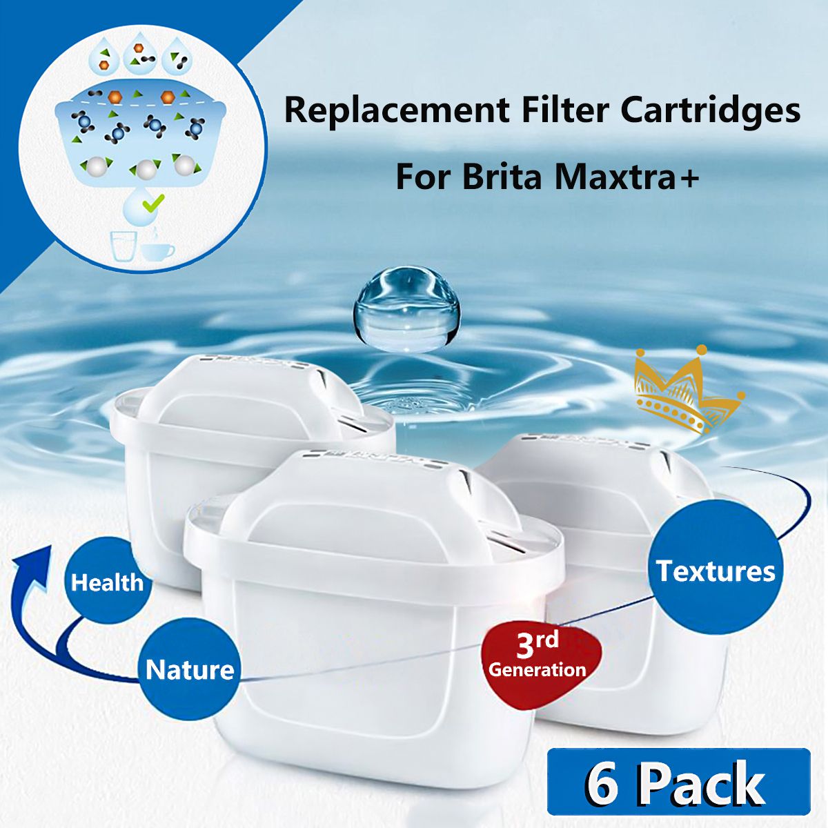 6Pcs Replacement Water Jug Filter Cartridges Refills For Brita Maxtra+ Plus Newly Activated Carbon Handle Design Improves Taste WAAAB