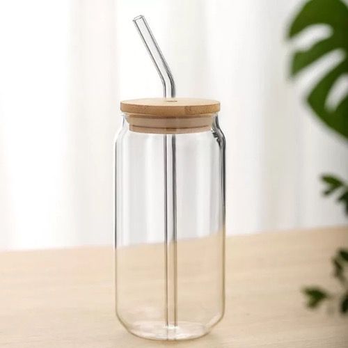 Tall Glass With Bamboo Lid And Straw 400ml