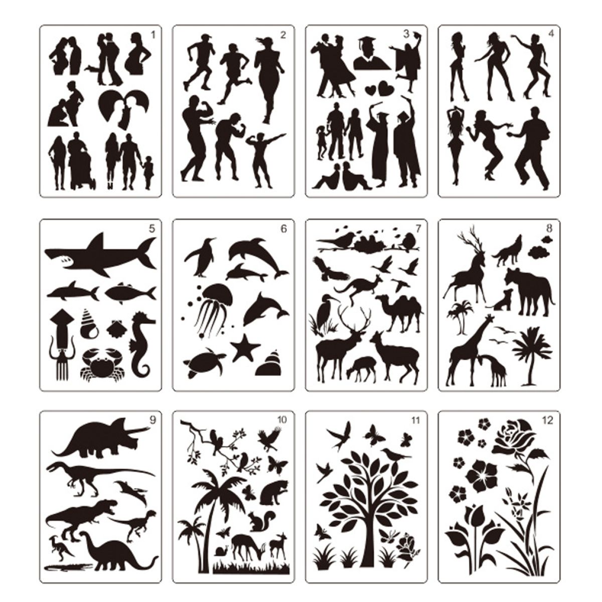 12pcs Drawing Stencils Kit People Animals Plants Pattern
