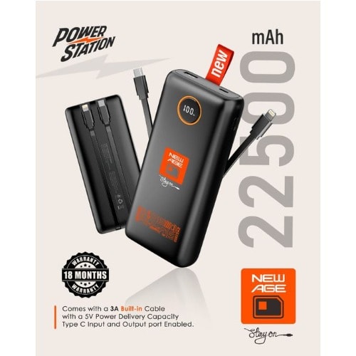 Power Station Fast Charge With Inbuilt 3a Cable And Type C In And Out Put -  22500mAh