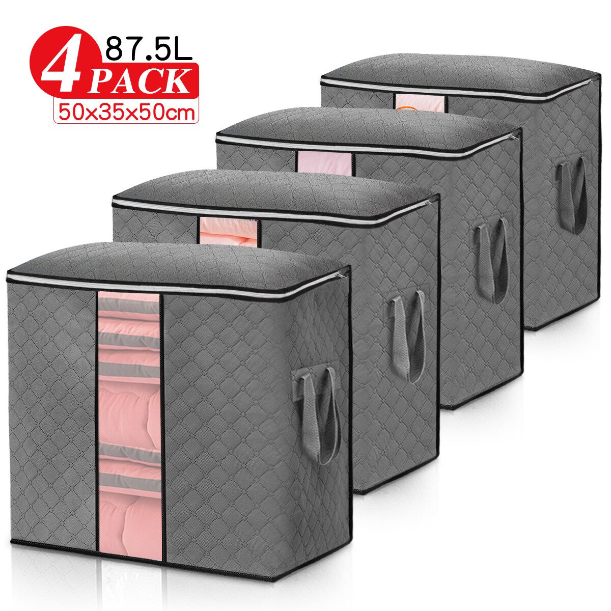 50x35x50cm 4 Pack Large Capacity Clothes Storage Bag Organizer Reinforced Handle Thick Fabric Sturdy Zipper Clear Window 80L Storage Boxes For Comforters Blankets Bedding Foldable Light Grey