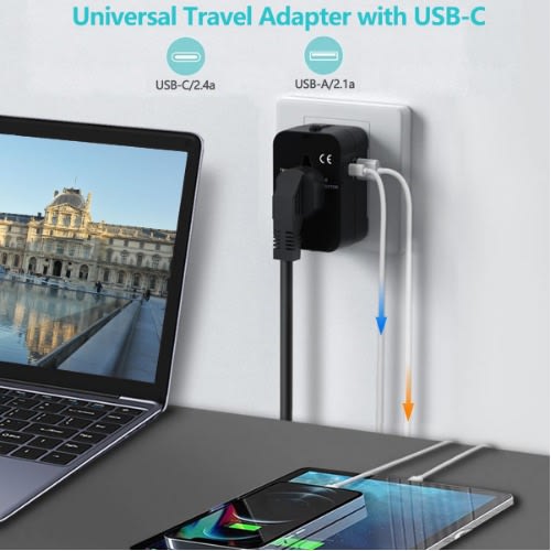 2 Type- C Port & 4 Usb Ports Universal Travel Adapter - Black