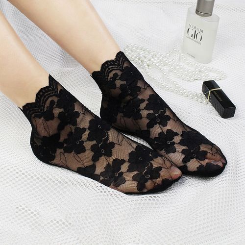 3 Pairs Women Black Breathable Lace Flower Hosiery Socks