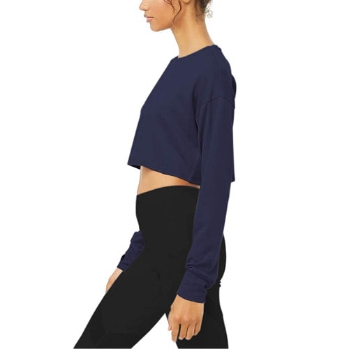 Women's Plain Navy Blue Long Sleeve Round Neck Crop Top Tshirt