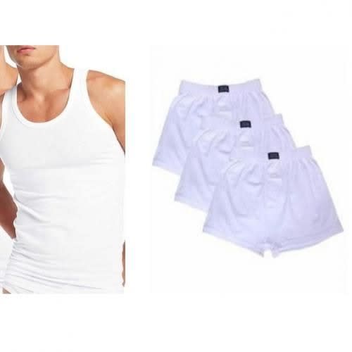 6-in-1 Mens Under Wears - boxers 3 & Singlet 3 - White
