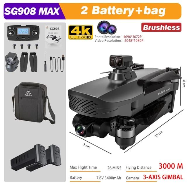 SG908 MAX Drone RC 4K Video Camera GPS 5G WIFI FPV With 2 BATTERIES Professional Drone