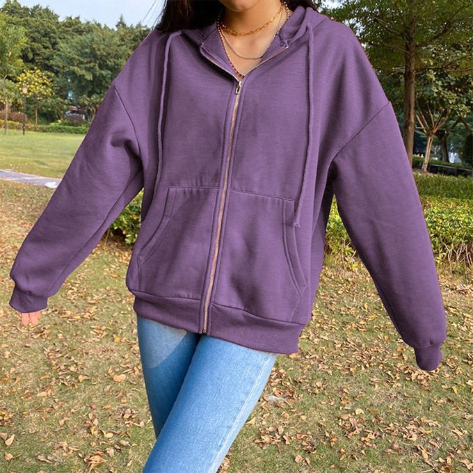 Casual Sweatshirt Zipper Outwear Loose Pocket Collar Sleeve Purple S