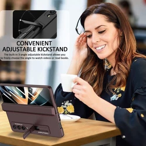 Samsung Galaxy Z Fold4 Case, Without S Pen Slot-kickstand With Screen Protector- Burgundy