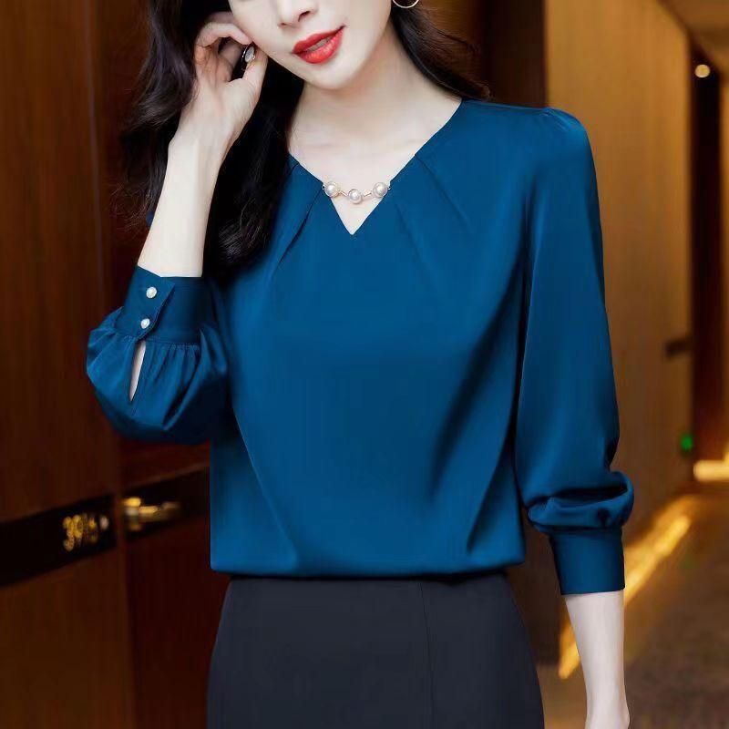 Autumn 2023 New Large Size V-neck Chiffon Shirt Bottoming Shirt Top Fashion