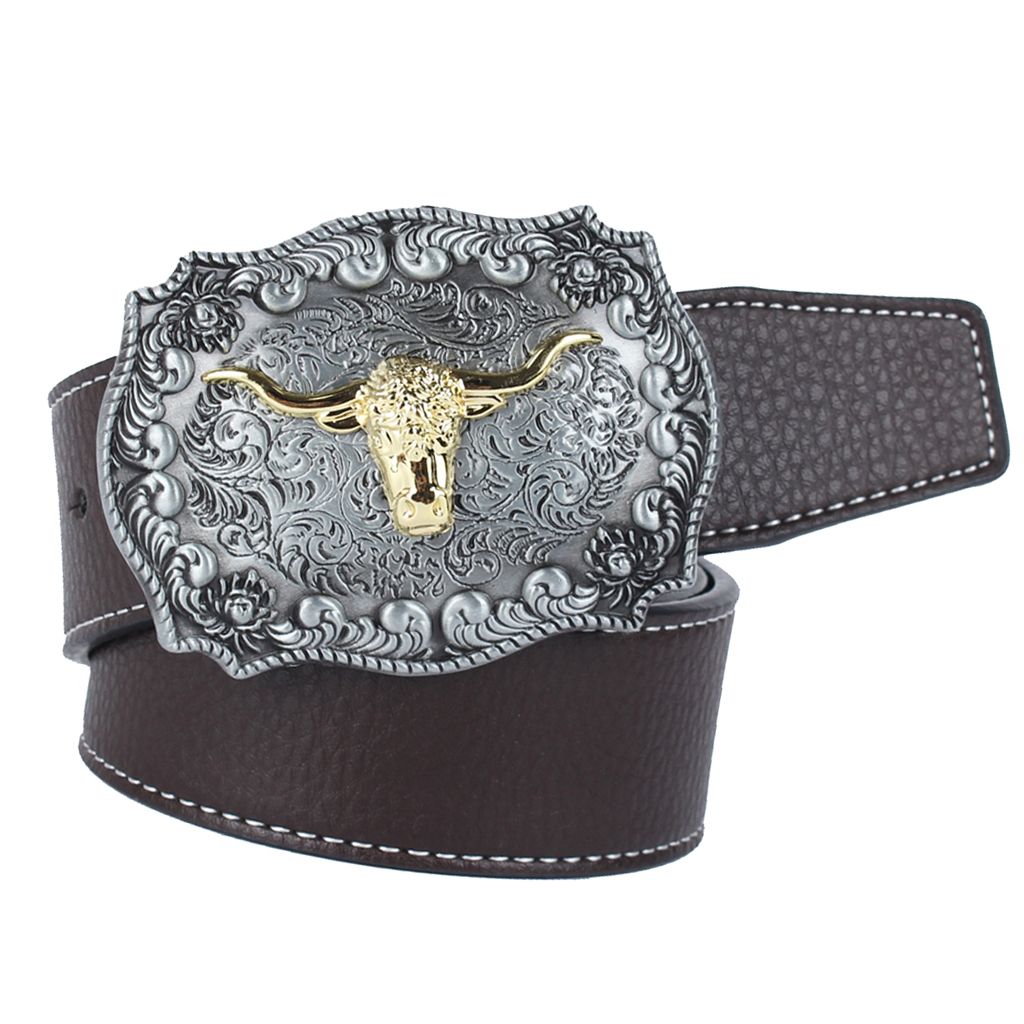 Mens Western Cowboy Leather Belt Waistband Arabesque Cow Head Coffee