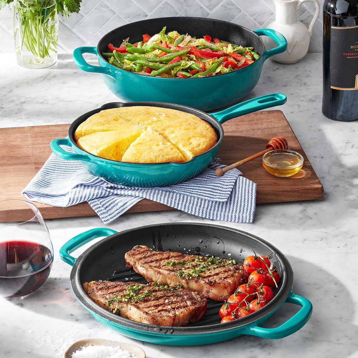 3-Piece Enamel Cast Iron Set  - Green