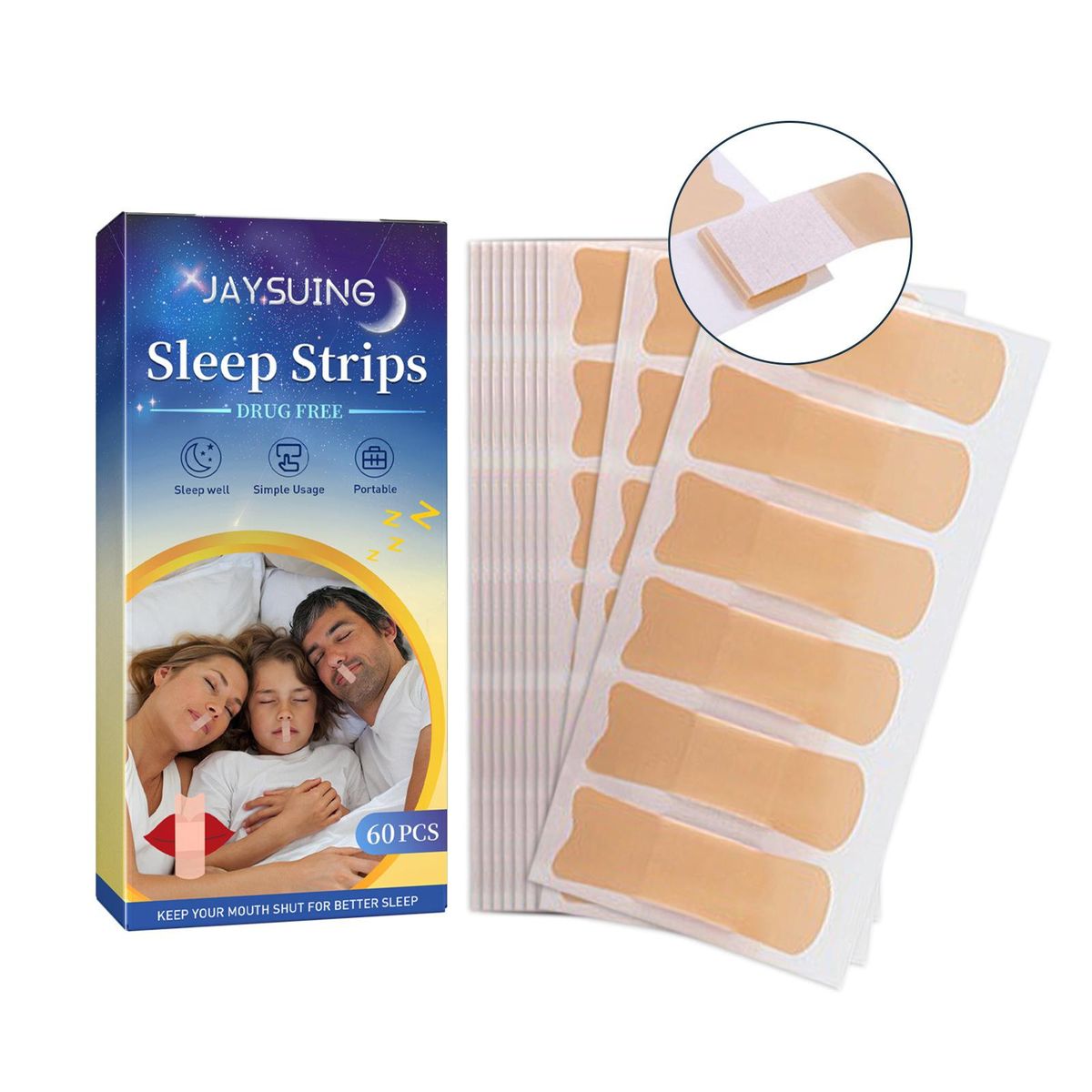 Jaysuing 60Pcs Snoring Patches Herbal Ingredients Relieve Snoring Smooth Breathing Snore Less Non-snoring Sleep