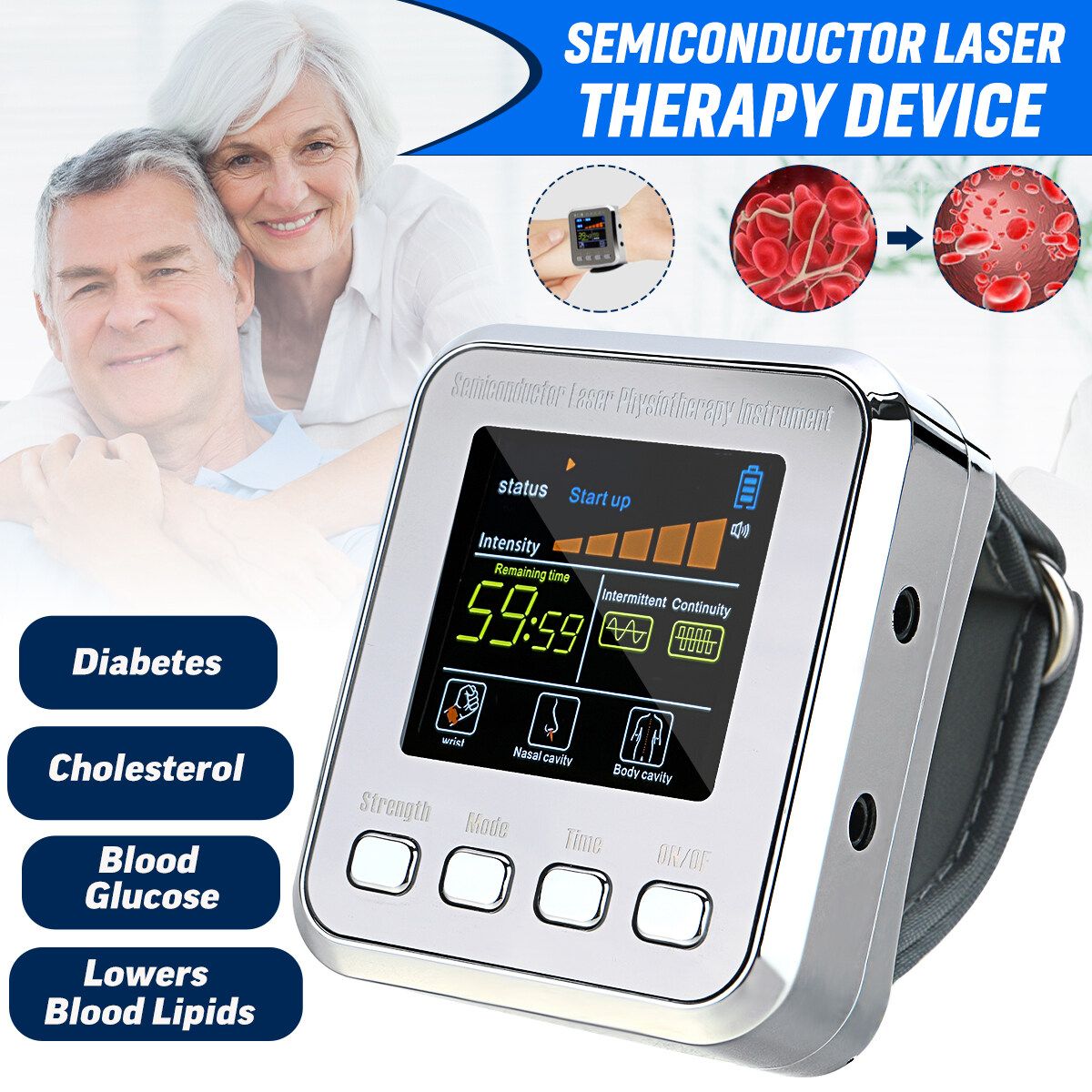 650nm Laser Therapy Wrist Watch 2 Modes +5 Intensities Semiconductor Laser Physiotherapy Therapy Device For Reducing /Reducing Cholesterol/Softening Vessel/Improve Immunity