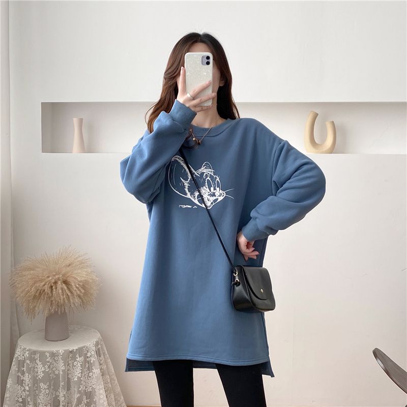 Blue Plus Size-High Quality Flannel Winter Keep Warm Hoodies Pullover Long Sweater For