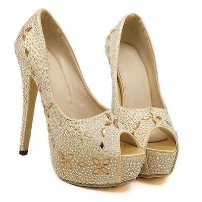 Rhinestone Peep Toe Prom Shoe - Gold