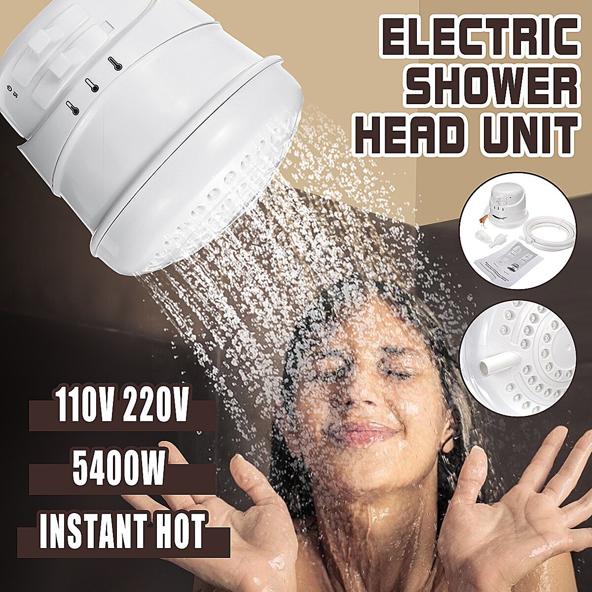 5400W 110V/220V Electric Instant Hot Water Heater Bath Tool Shower Head Bathroom Beige