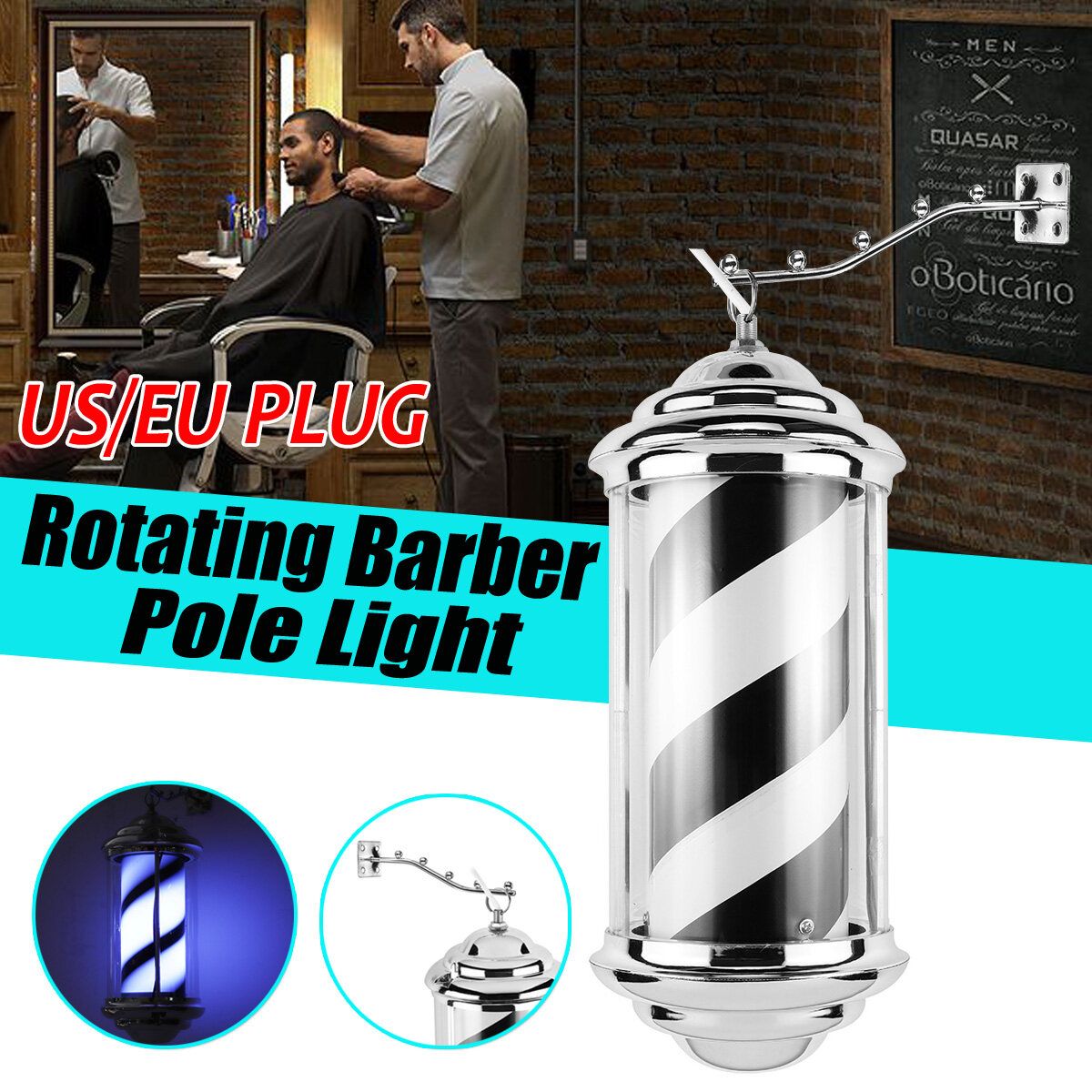 Barber Shop Pole Black White Rotating LED Bar Light Stripes Sign Hair Salon Logo EU Plug