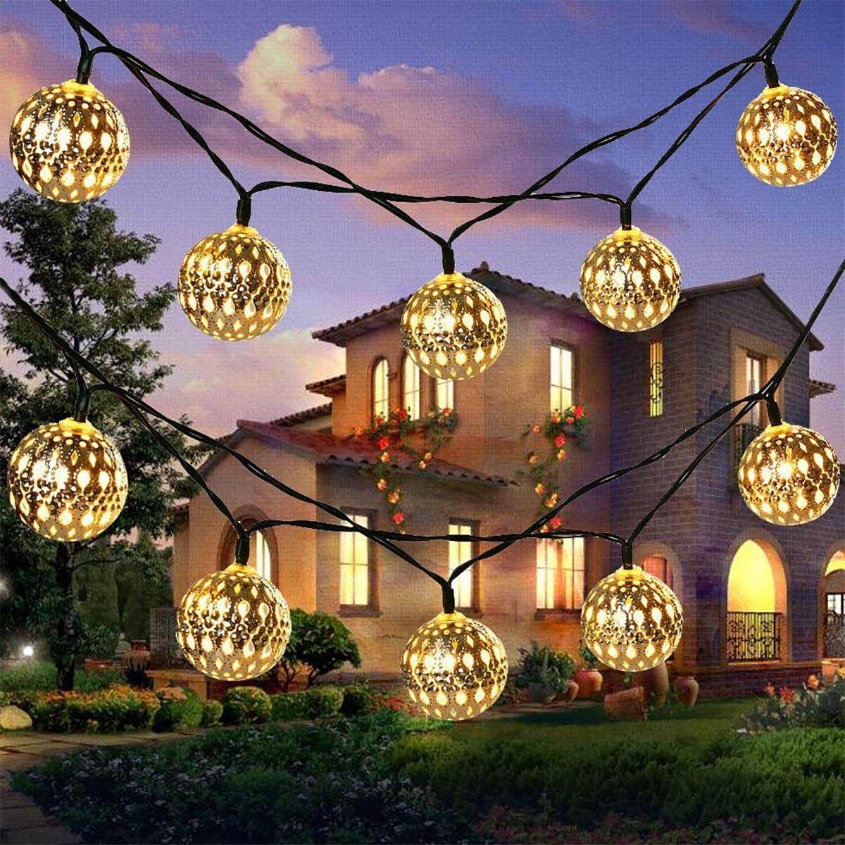20pcs Solar String Lights Moroccan Metal Ball Outdoor Xmas Fairy Lamp Decor Gold Case, Warm White 20 Lights