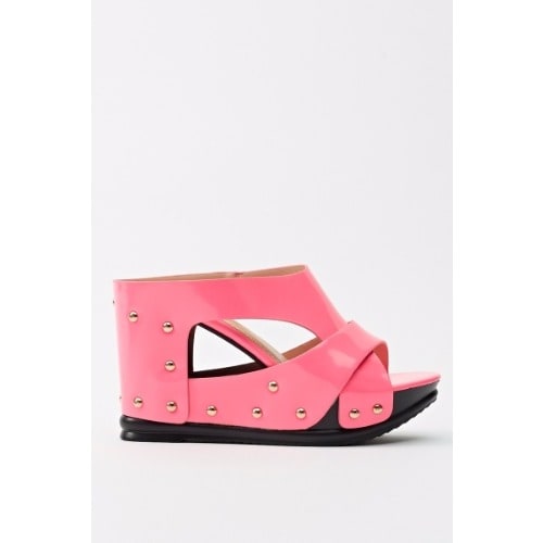PU Leather Studded Wedge Slippers - Pink