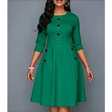 Green Solid Button Detail Midi Dress