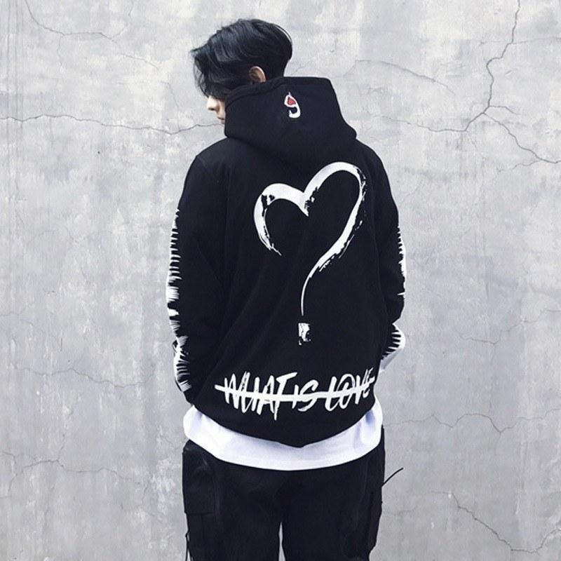 2021 hip-hop men's trendy suit Chinese characters printed hoodie men's spring and summer cotton outerwear love couple sweater black XL