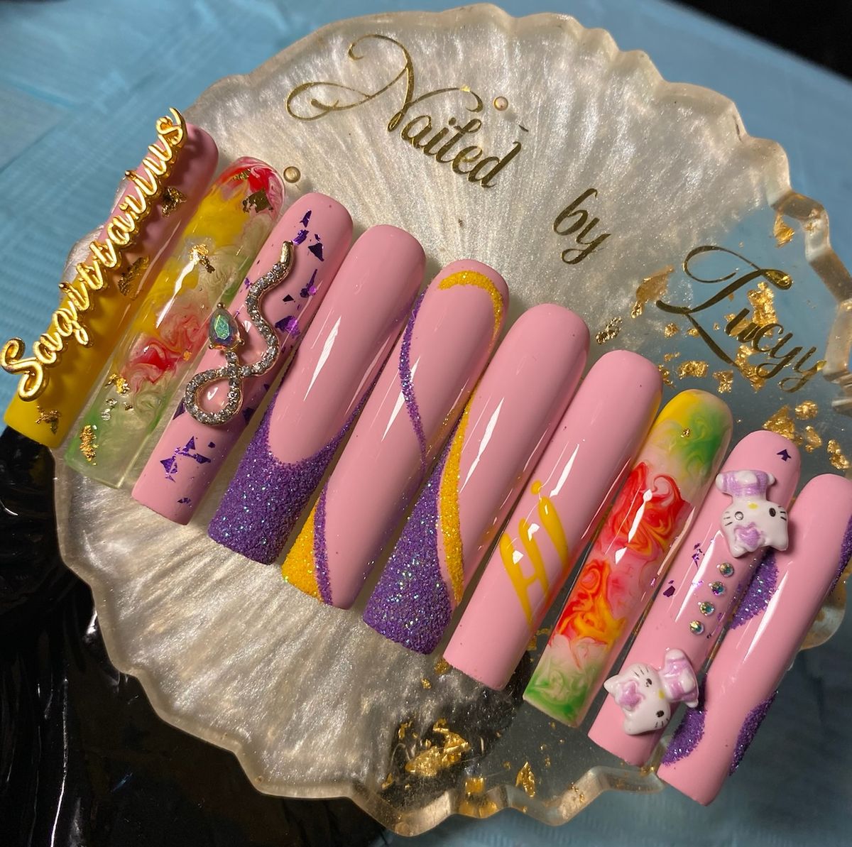 Long Candy Press On Nails With Glitters +application Kit