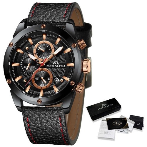 Men's Genuine Leather Strap Water Resistant Chronograph Watches - Black