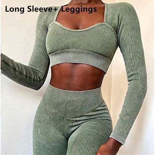Ribbed Washed Seamless Yoga Set Crop Women Shirt Leggings Two Piece Outfit Workout Fitness Wear Gym Suit Sport Sets Clothes(#Long Light Green Set)